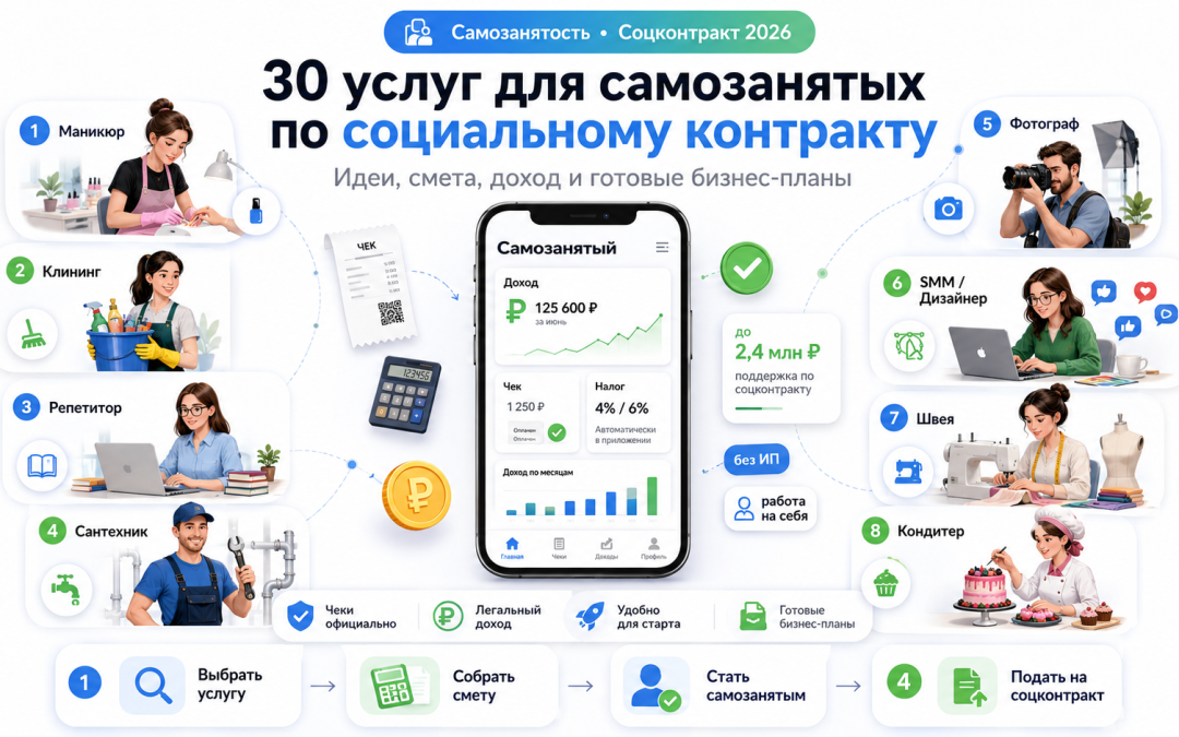 30 услуг для самозанятых по социальному контракту в 2026 году: идеи, смета и бизнес-планы